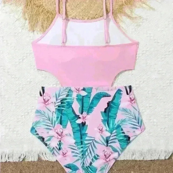 SHEIN Teen Girl's Floral  Print Hollow Out Waist Cami
One-Piece Swimsuit - Picture 2 of 3